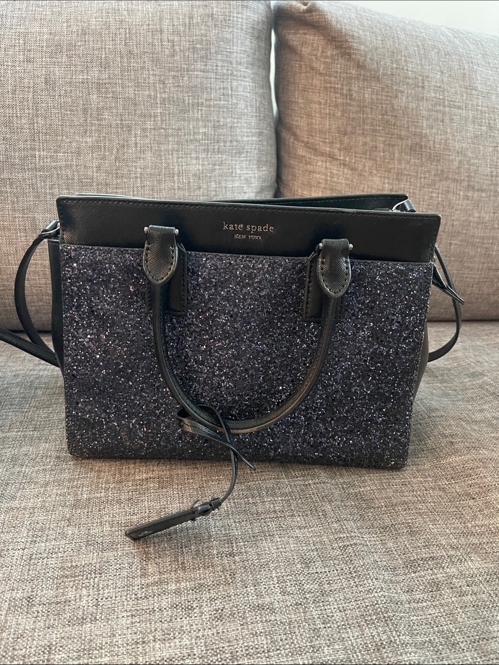 kate spade navy glitter satchel with black trim